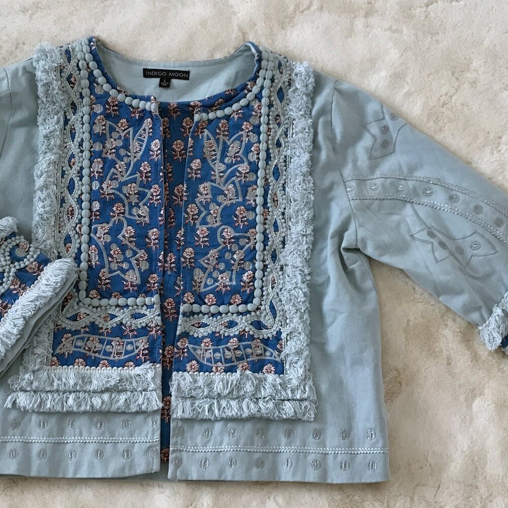 Indigo Moon Light Blue Embroidered Jean Jacket - Picture 3 of 13